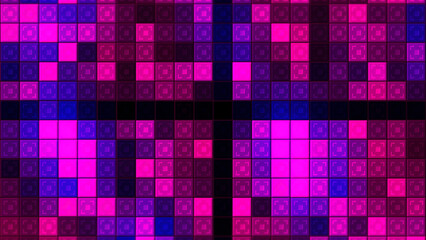 Background of colorful flashing squares in disco style. Motion. Disco background with beautiful flashing squares. Colorful mosaic squares blink with different colors