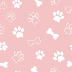 Pet paw seamless pattern.Vector illustration with paw and bone on pink background. It can be used for wallpapers, wrapping, cards, patterns for clothes and other. © Evalinda