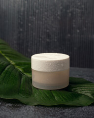 Skin cream jar on a green leaf of monstera on a dark background with water drops. 