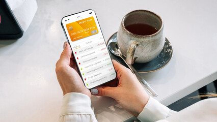 Mobile banking application. Girl holding mobile phone with internet online bank app. Credit card wallet application. Save money business wallet.