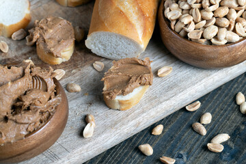 nut food on a cutting wooden board in the kitchen