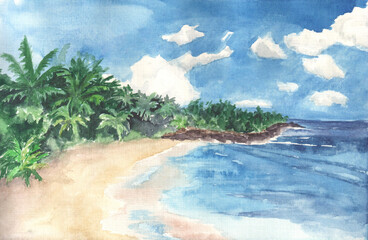 Watercolor landscape of tropical lagoon. Palms, beach, sand, waves, ocean, cloudy sky - 499331119