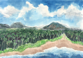 Watercolor landscape of rainforest, mountains and waves. Palms and path in forest, sandy beach, blue ocean sea,cloudy sky