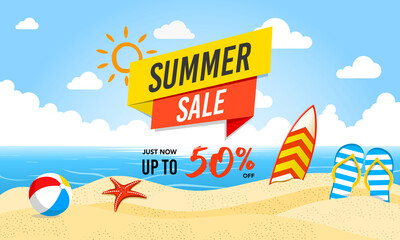Summer Sale beach and sea and sky banner or poster
