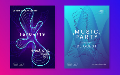 Neon edm flyer. Electro trance music. Techno dj party. Electronic sound event. Club dance poster.