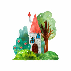 Watercolor illustrations of small house, bushes and tree in the forest isolated on a white background. Rustic fairytale house.