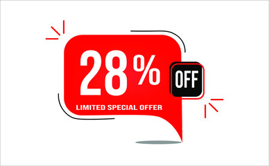 28% off limited offer. White and red banner with clearance details
