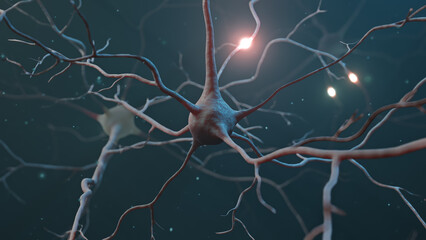 Neuron signal transfer from low to high activity 3D rendered