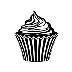 Cup cake with cream. Delicious cupcake with cream filling and topping. Sweet simple style detailed logo icon vector black illustration isolated