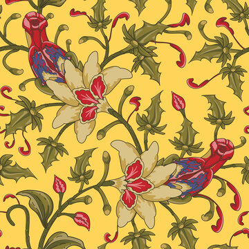 Jacobean embroidery floral seamless pattern. Fantasy baroque yellow print with leaves and red tulip flowers. Hand drawn oriental tiles. Vector laced decorative background. Floral textile.