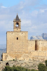 Fototapeta na wymiar survol de la ville d'Antequera en Andalousie et de son château, province de Malaga