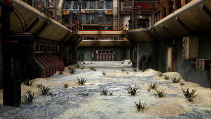 Ruined post apocalyptic city street with abandoned buildings. 3D rendering.