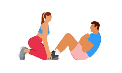 Obraz na płótnie Canvas Couple doing sport and work out. Working on abs, girl assisting to do crunches. Vector illustration