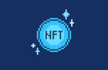 NFT crypto pixel app icon. Non fungible token 8bit design of blue color. Crypto currency art and assets proof of own concept.