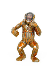 chimpanzee astronaut is doing a dominant pose in white background