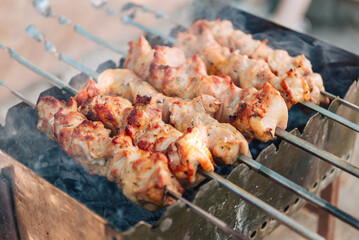 Many tasty appetizing shashlyk barbecute meat pieces on a grill.
