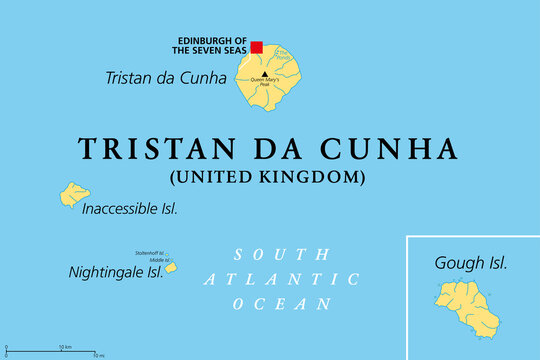 Tristan da Cunha, Inaccessible, Nightingale and Gough Island political map. Remote group of volcanic islands in the South Atlantic. British Overseas Territory with capital Edinburgh of the Seven Seas.