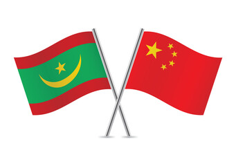 Mauritania and China crossed flags. Mauritanian and Chinese flags on white background. Vector icon set. Vector illustration.