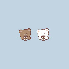 Cute brown bear and polar bear with coffee cub cartoon, vector illustration