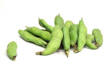 Fresh broad bean with pod isolated on white background