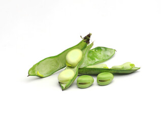 Fresh broad bean with pod isolated on white background