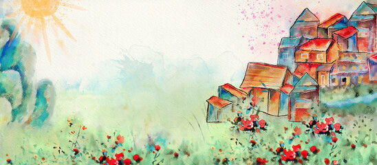 Colorful hauses. Watercolor background.