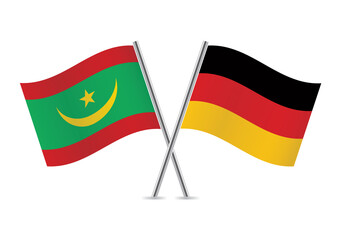 Mauritania and Germany crossed flags. Mauritanian and German flags on white background. Vector icon set. Vector illustration.