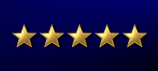 The best rating. Five golden star shape on dark blue background