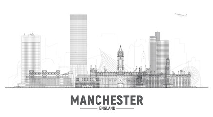 Obraz premium Manchester England skyline with panorama in white background. Vector Illustration. Business travel and tourism concept with modern buildings. Image for banner or web site.