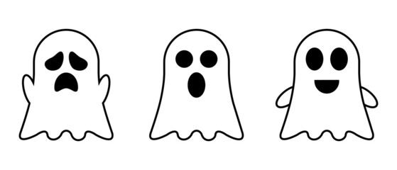 Obraz premium Cute ghosts outline doodle cartoon illustration. Ghosts coloring book page activity for kids and adults