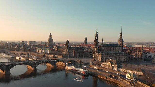 Dresden in the early morning. Dresden city center overlooking the Elbe river.