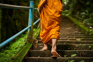 The path to enlightenment has many steps. Rearview shot of a buddhist monk climbing a flight of...