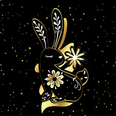 Yin yang rabbit. Pretty bunny illustration. Ornament and floral decoration. Editable vector for art prints, social media, digital arts, and others.
