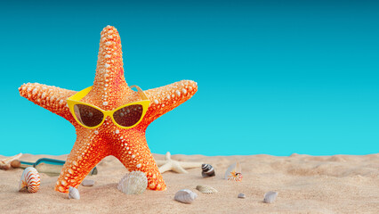 Red starfish with sunglasses and palm leaf at the beach on blue background 3D Rendering, 3D...