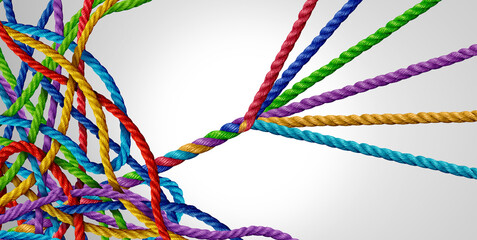 Concept of organizing from mismanagement to managed success as a tangled group of ropes with...