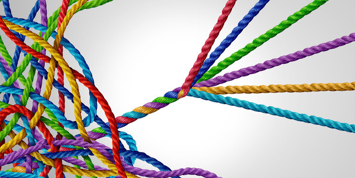 Concept of organizing from mismanagement to managed success as a tangled group of ropes with another team of organized ropes succeeding.