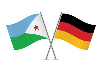 Djibouti and Germany crossed flags on white background. The Republic of Djibouti and German flags. Vector illustration.