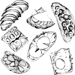 Hand drawn set of bruschetta and sandwiches. Italian antipasto with tomatoes, basil, salmon, blueberries, strawberries and apples. Starter dish. Lunch menu. Vector illustration