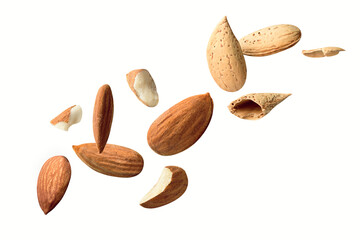 almond isolated white,nut piece,almond piece slice fly.,with clipping path