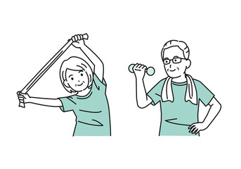 運動をする　体を鍛える　筋トレ　ストレッチ　年配の男女　シニア　高齢者　夫婦　健康