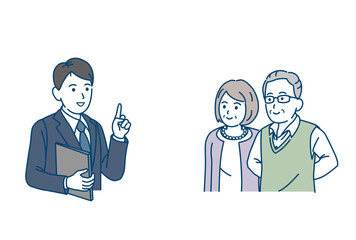 終活相談　説明を受ける　年配の夫婦　男女　シニア　高齢者