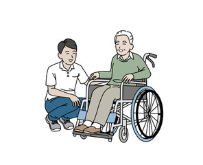 Plakat 車椅子に乗る年配の男性　介護士　介護スタッフ　シニア　高齢者　息子　親子　笑顔
