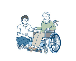 車椅子に乗る年配の男性　介護士　介護スタッフ　シニア　高齢者　息子　親子　笑顔