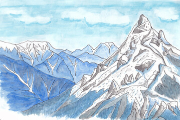 北アルプスの冬　凍る燕岳山頂　立山連峰遠景