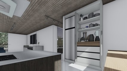 Fototapeta na wymiar furniture kitchen sketch interior design concept 3d illustration