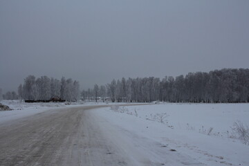 winter road empty through the forest passage for cars in the snow with trees landscape