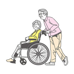 シニア夫婦、車椅子に乗る妻と夫