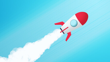 Cartoon Startup Rocket Jet Super Fast Speed lines flying into the blue sky Background