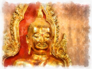 Ancient golden Buddha statue in Bangkok watercolor style illustration impressionist painting.