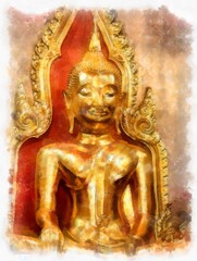 Fototapeta na wymiar Ancient golden Buddha statue in Bangkok watercolor style illustration impressionist painting.